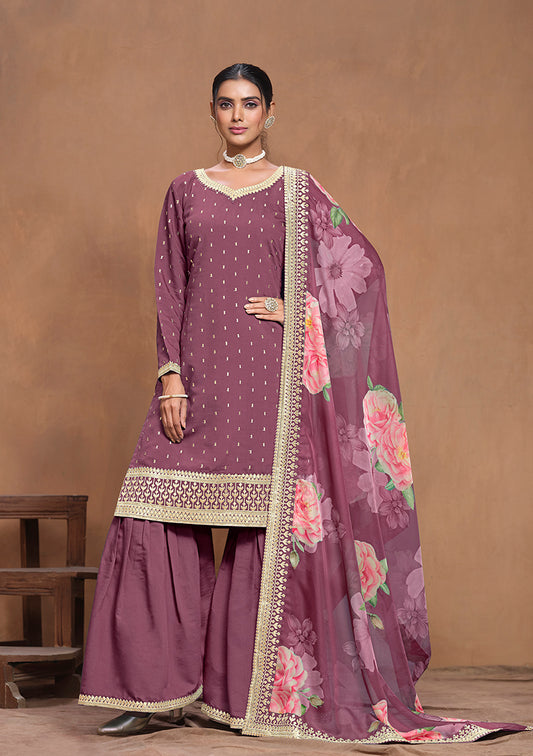 Dark Mauve Silk Embroidered Trendy Palazzo Salwar Kameez