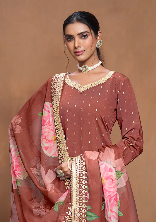 Dark Coral Silk Embroidered Trendy Palazzo Salwar Kameez