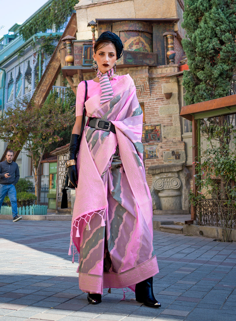 Pink Katan Silk Saree with Traditional Zari Weaving