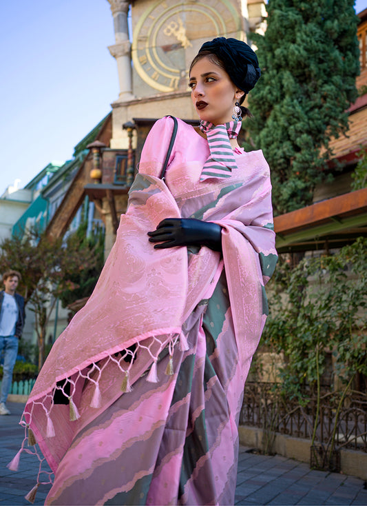 Pink Katan Silk Saree with Traditional Zari Weaving