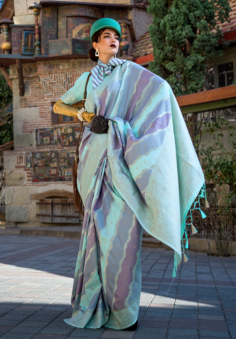 Aqua Blue Katan Silk Saree with Traditional Zari Weaving