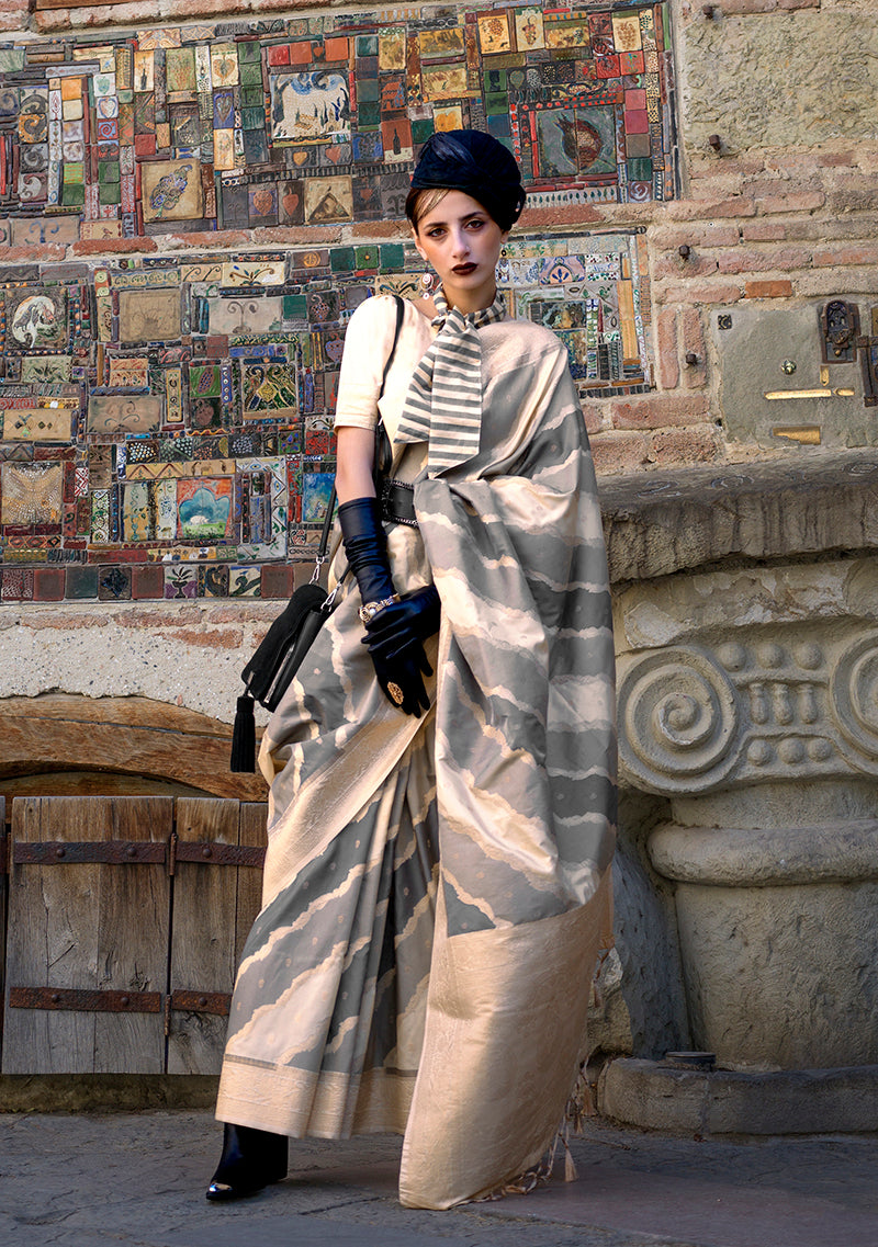 Gray & Beige Katan Silk Saree with Traditional Zari Weaving
