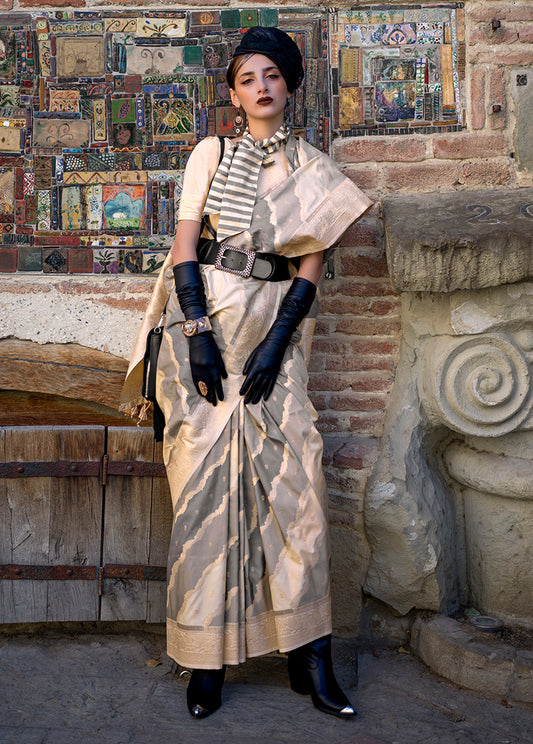 Gray & Beige Katan Silk Saree with Traditional Zari Weaving