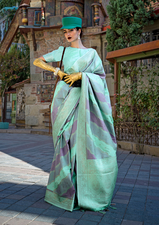 Turquoise Katan Silk Saree with Traditional Zari Weaving