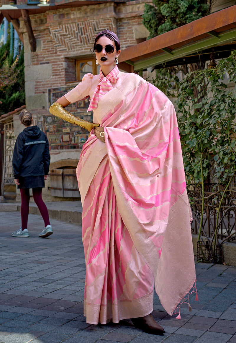 Peach Katan Silk Saree with Traditional Zari Weaving