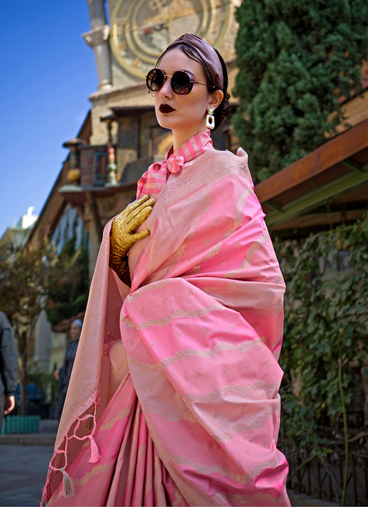 Peach Katan Silk Saree with Traditional Zari Weaving