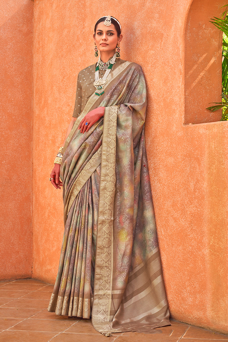 Light Brown Silk Foil Print Saree