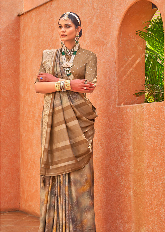 Light Brown Silk Foil Print Saree