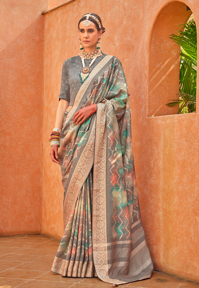 Grey Silk Foil Print Saree