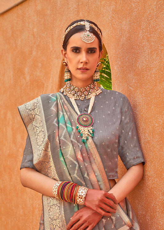 Grey Silk Foil Print Saree