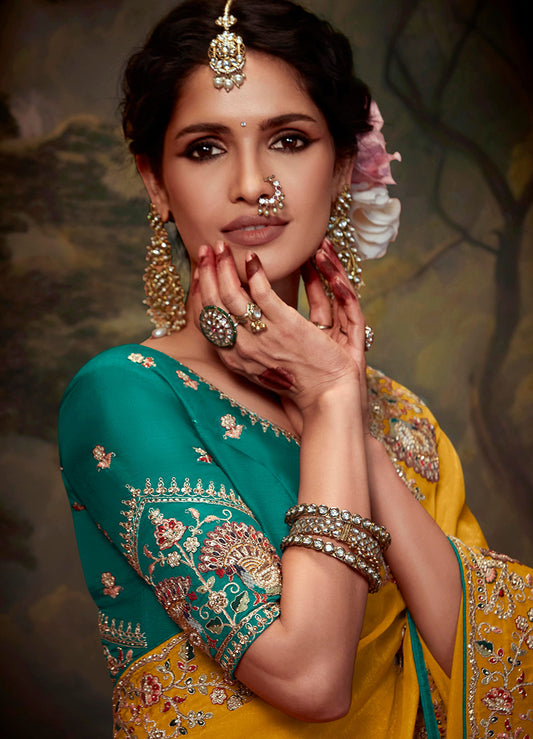 Mustard Organza Silk Sequins & Thread Work Stylish Saree