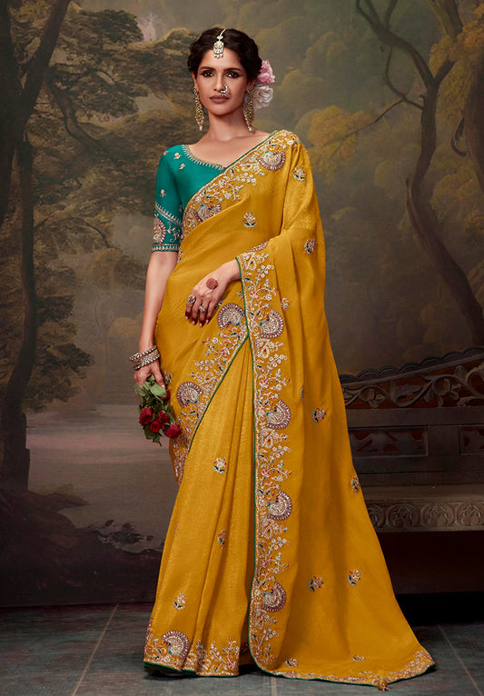 Mustard Organza Silk Sequins & Thread Work Stylish Saree