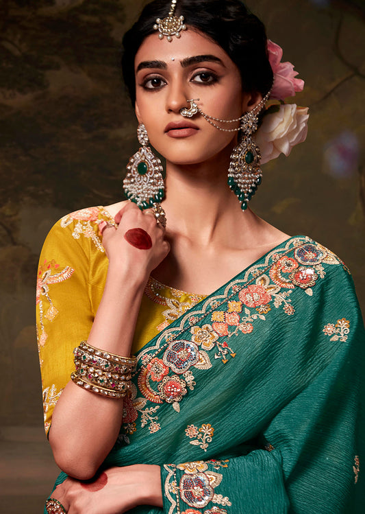 Teal Organza Silk Sequins & Thread Work Stylish Saree
