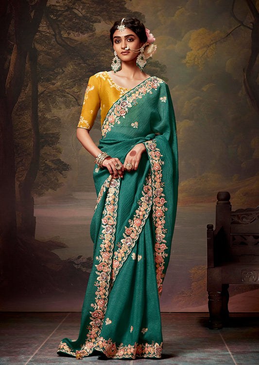 Teal Organza Silk Sequins & Thread Work Stylish Saree