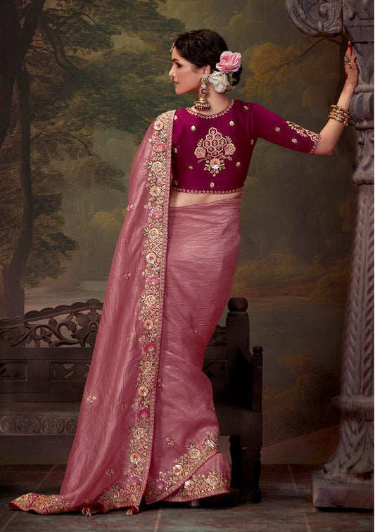Pink Organza Silk Sequins & Thread Work Stylish Saree