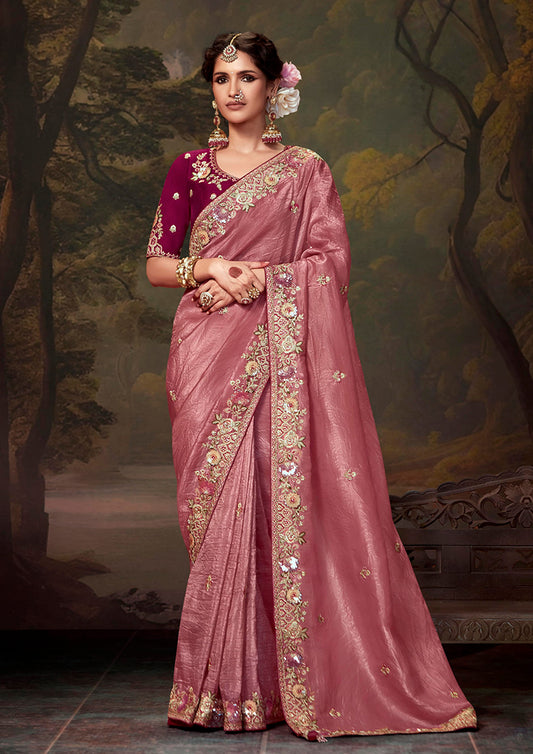 Pink Organza Silk Sequins & Thread Work Stylish Saree