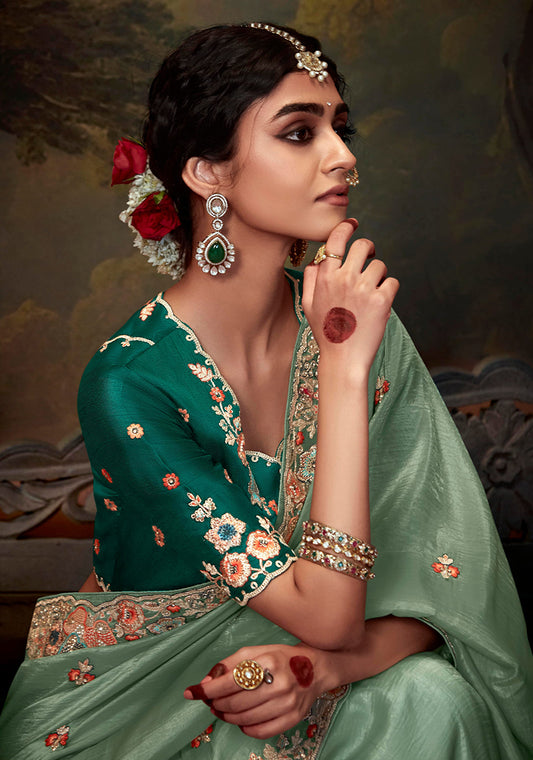 Seafoam Green Organza Silk Sequins & Thread Work Stylish Saree