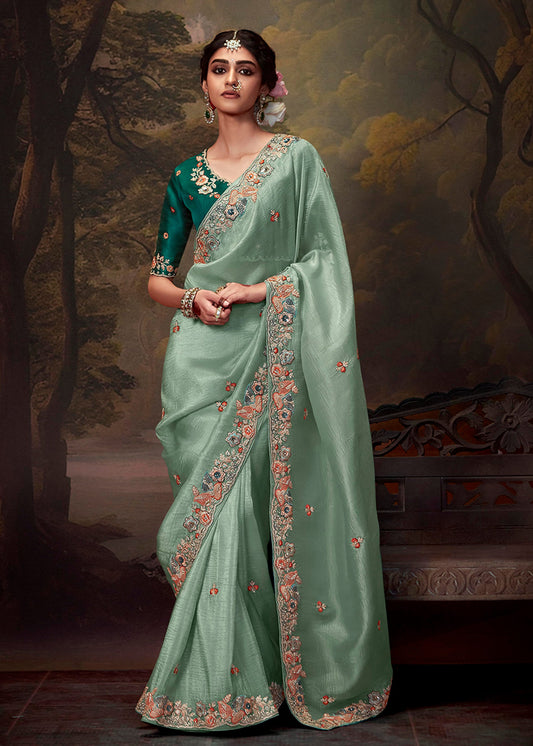 Seafoam Green Organza Silk Sequins & Thread Work Stylish Saree