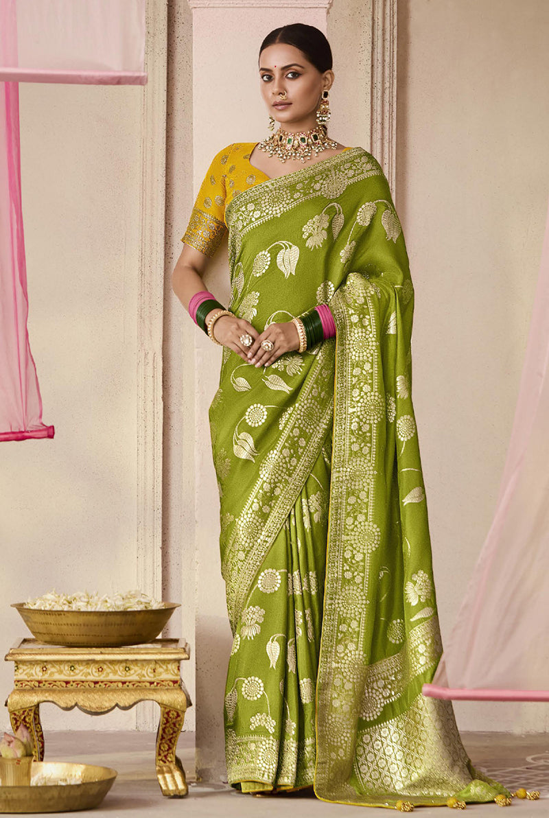 Olive Green Traditional Zari Woven Dola Viscose Silk Saree
