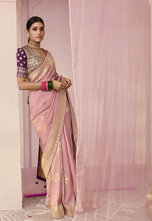 Light Pink Traditional Zari Woven Dola Viscose Silk Saree