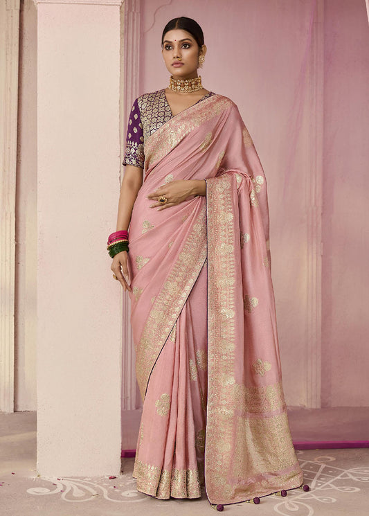 Light Pink Traditional Zari Woven Dola Viscose Silk Saree