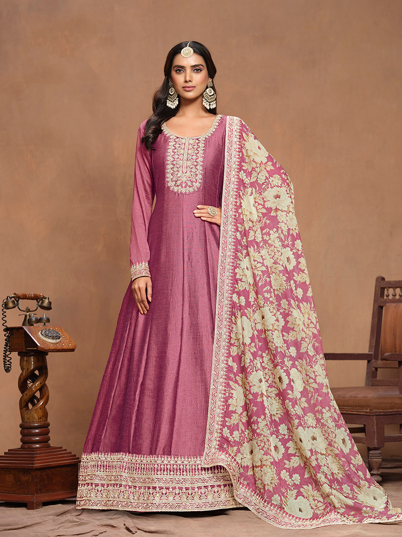 Onion Pink Art Silk Embroidered Trendy Gown With Printed Dupatta