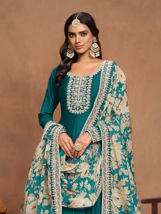 Teal Art Silk Embroidered Trendy Gown With Printed Dupatta