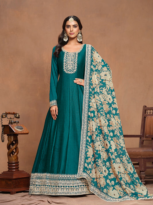 Teal Art Silk Embroidered Trendy Gown With Printed Dupatta