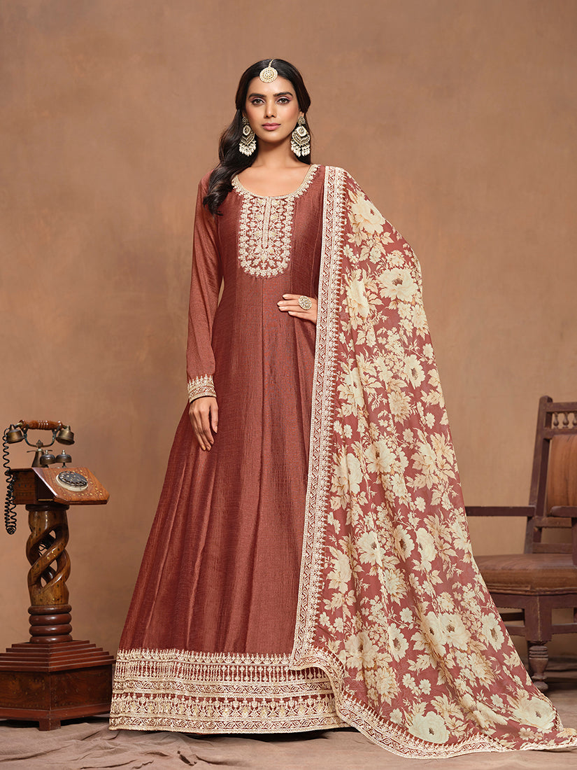 Brown Art Silk Embroidered Trendy Gown With Printed Dupatta