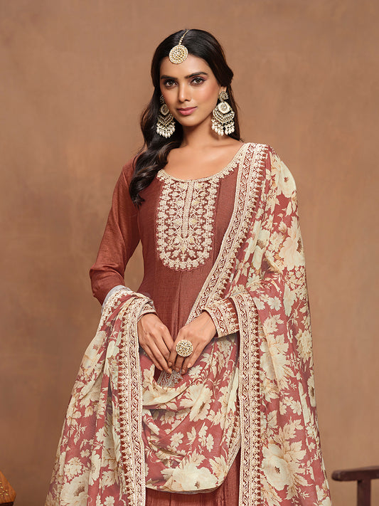 Brown Art Silk Embroidered Trendy Gown With Printed Dupatta