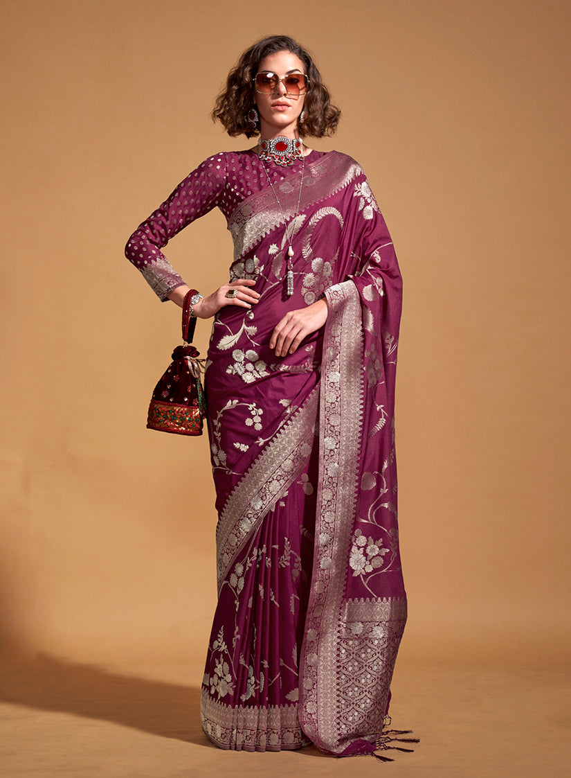 Wine Pure Georgette Saree in Classic Zari Weave