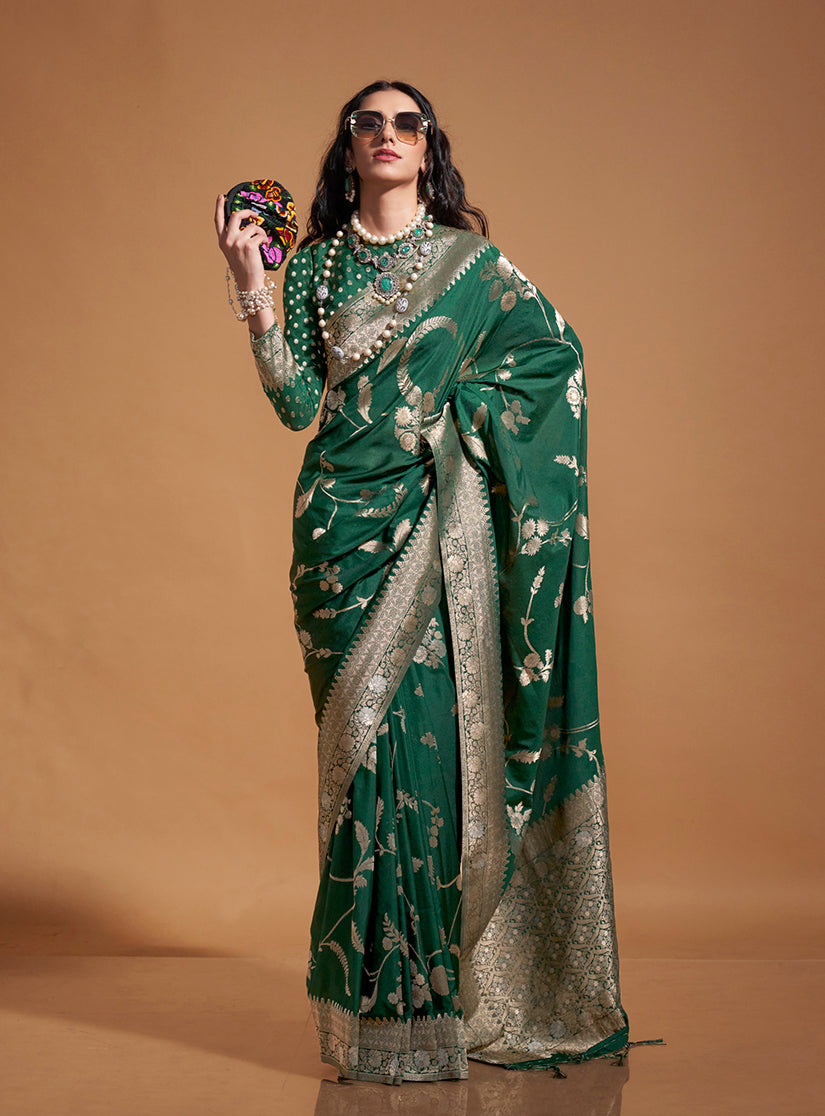 Dark Green Pure Georgette Saree in Classic Zari Weave
