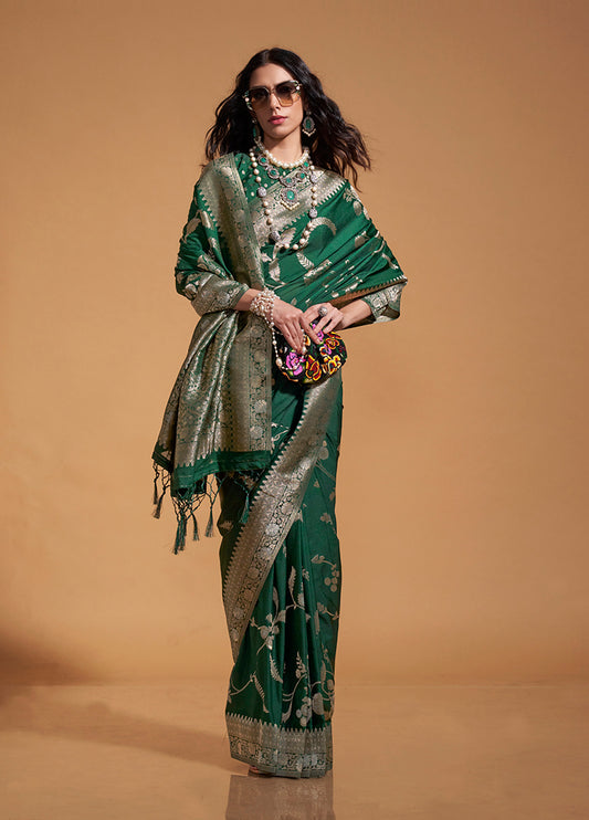 Dark Green Pure Georgette Saree in Classic Zari Weave