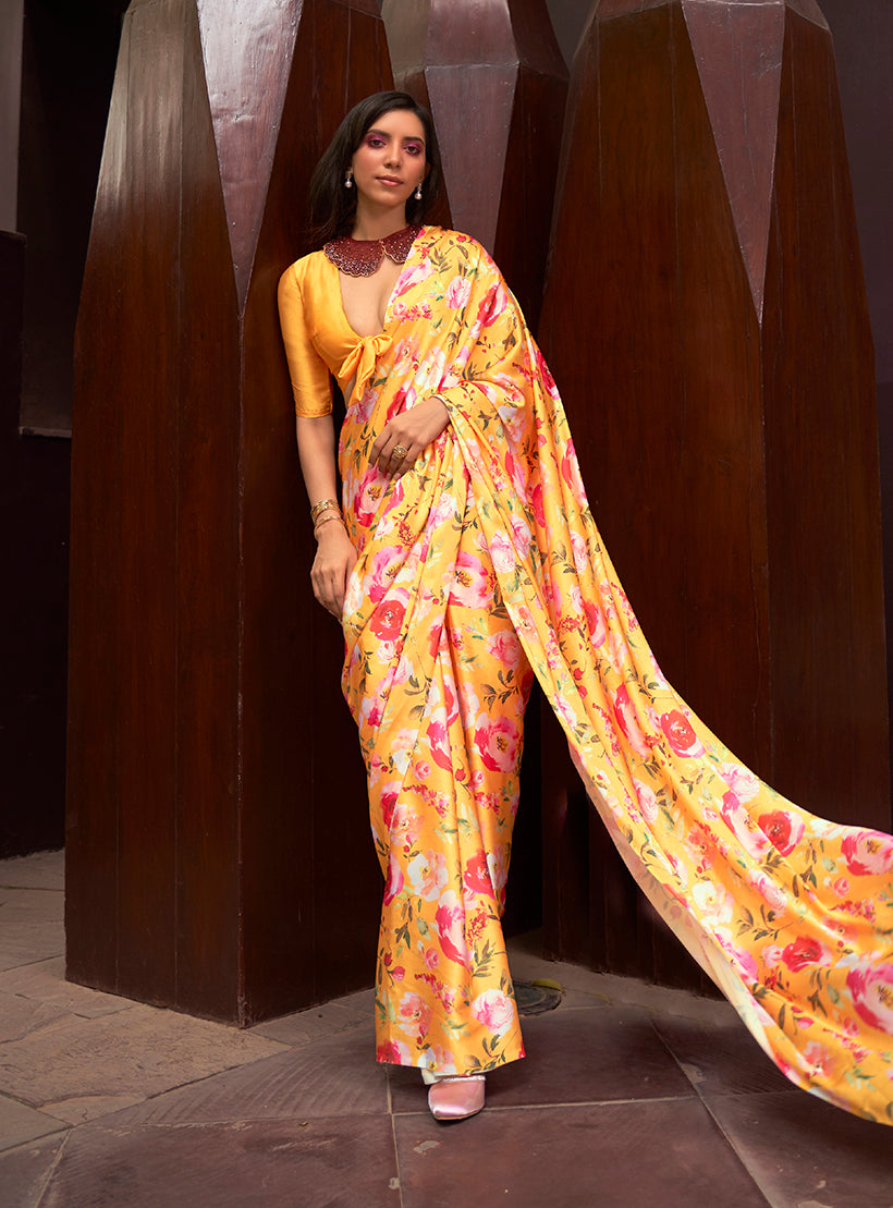 Yellow Satin Floral Printed Saree for Summer