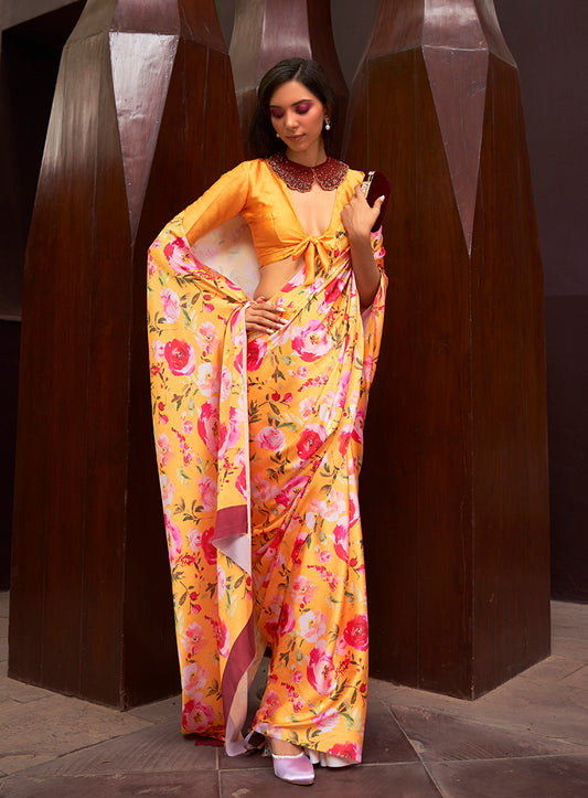 Yellow Satin Floral Printed Saree for Summer