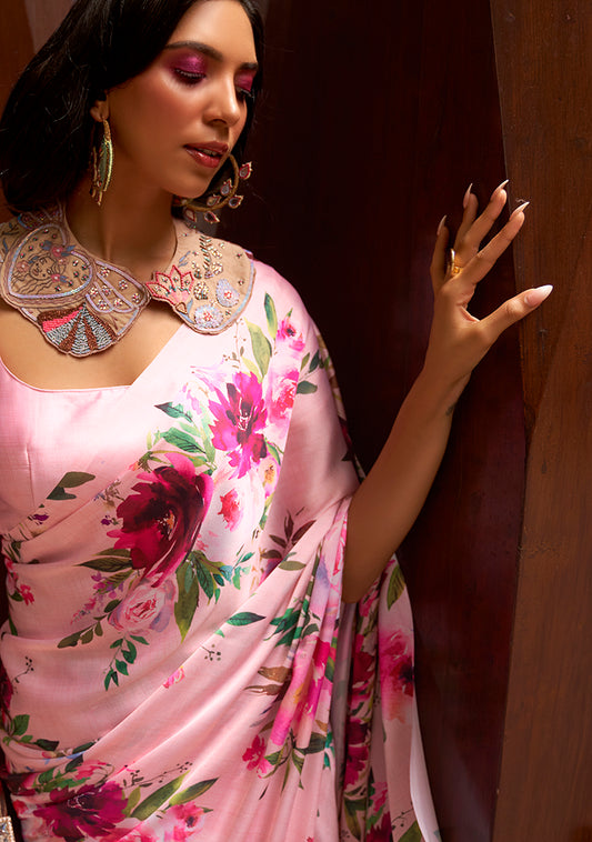 Light Pink Satin Floral Printed Saree for Summer