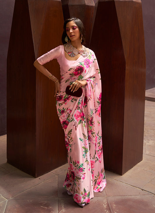 Light Pink Satin Floral Printed Saree for Summer