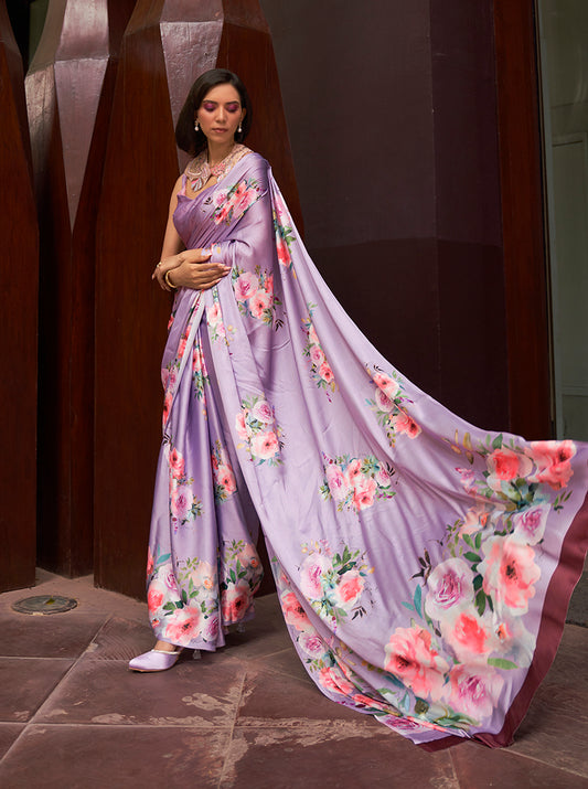 Lavender Satin Floral Printed Saree for Summer