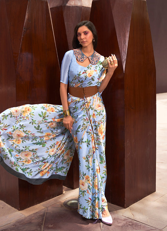 Pastel Blue Satin Floral Printed Saree for Summer