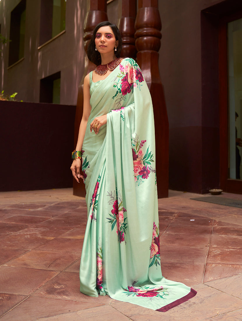 Light Green Satin Floral Printed Saree for Summer