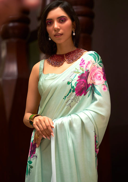 Light Green Satin Floral Printed Saree for Summer