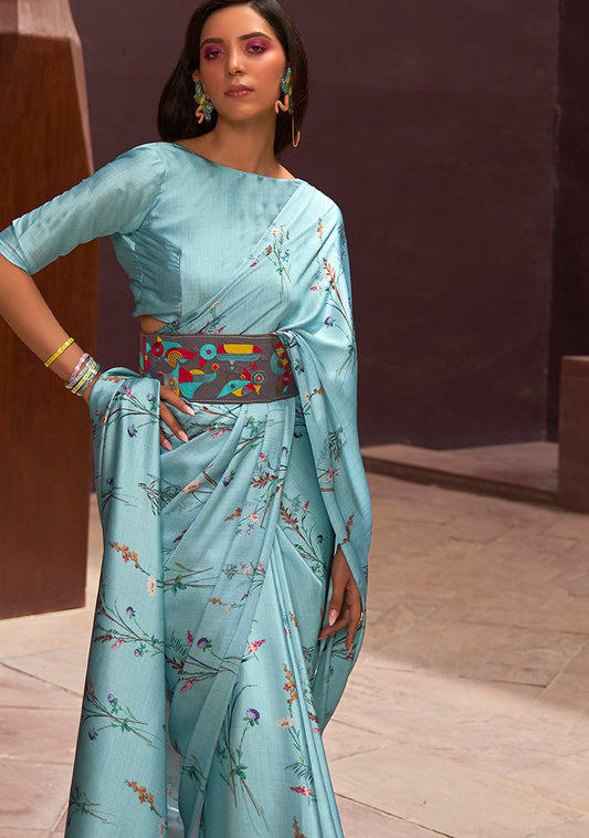 Aqua Blue Satin Floral Printed Saree for Summer