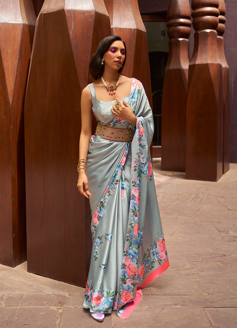 Gray Satin Floral Printed Saree for Summer
