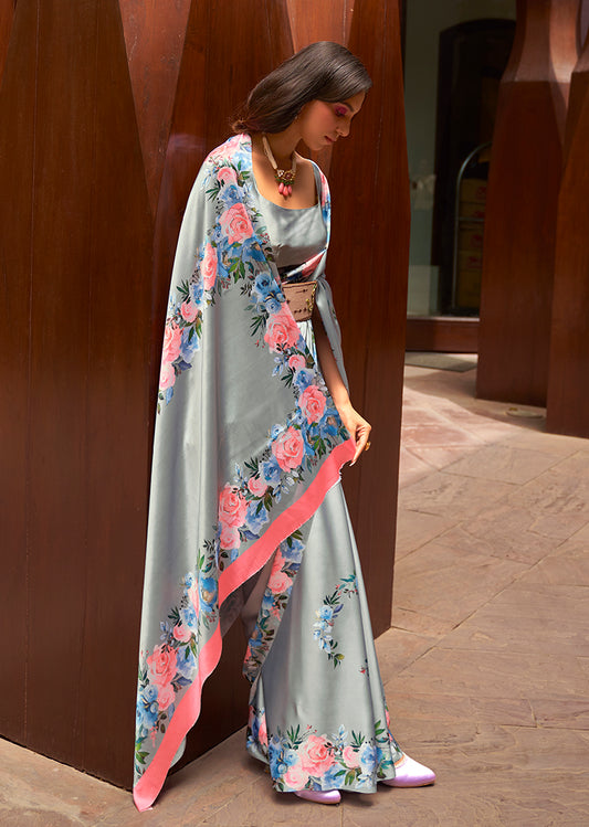 Gray Satin Floral Printed Saree for Summer
