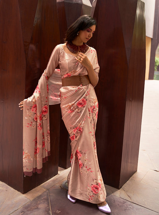 Peach Satin Floral Printed Saree for Summer
