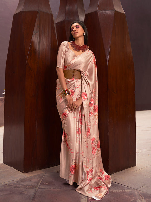 Peach Satin Floral Printed Saree for Summer