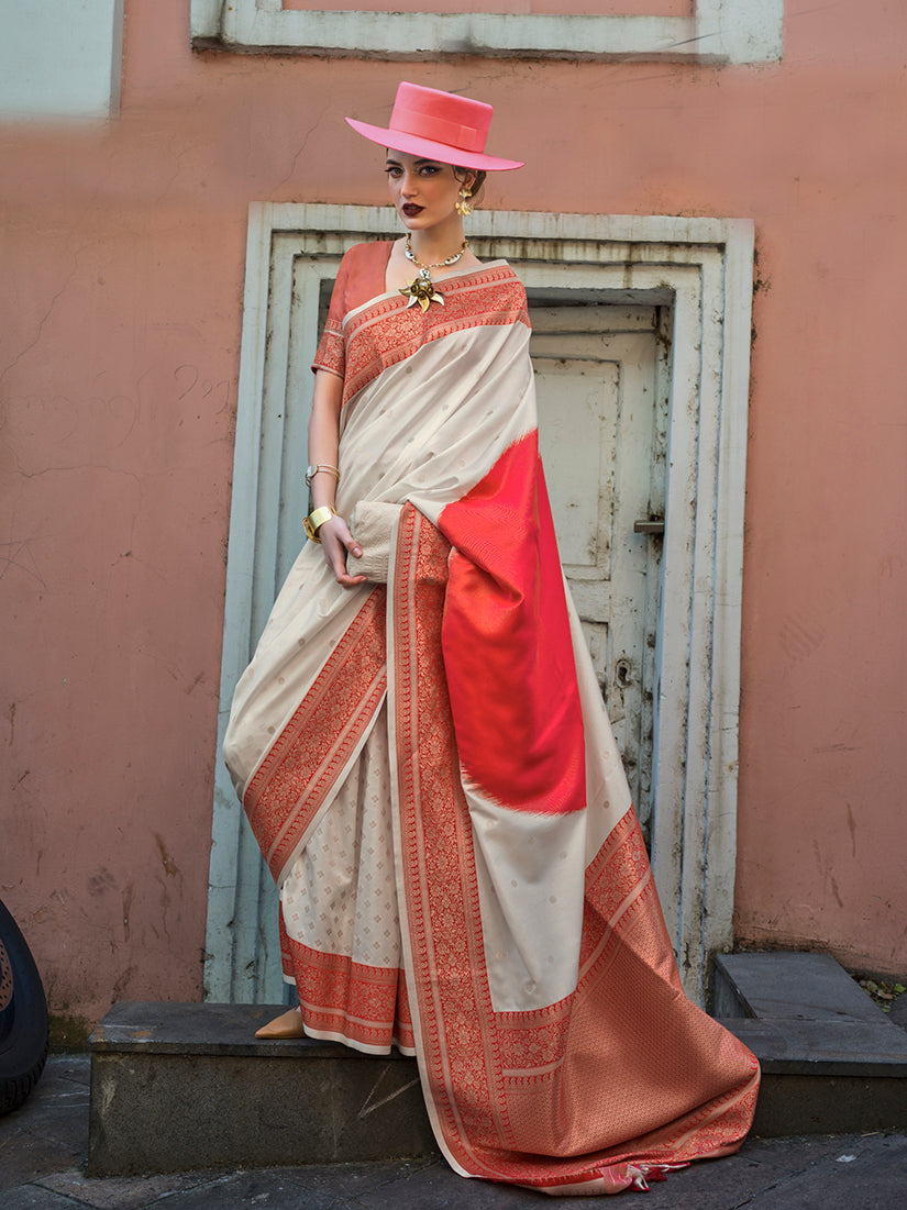 Off White & Red Zari Woven Soft Silk Saree For Festival