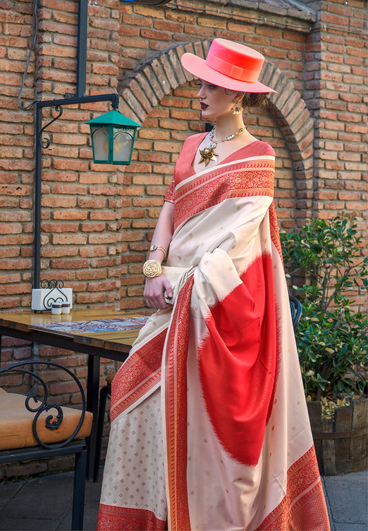 Off White & Red Zari Woven Soft Silk Saree For Festival