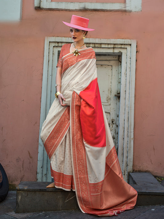 Off White & Red Zari Woven Soft Silk Saree For Festival