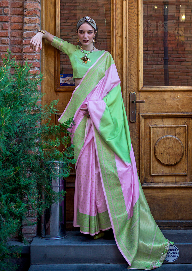 Lavender & Green Zari Woven Soft Silk Saree For Festival